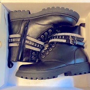 Black rhinestone blinged out rocker ankle boots